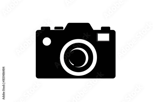 Black camera icon with white lens and flash detail on a plain white background