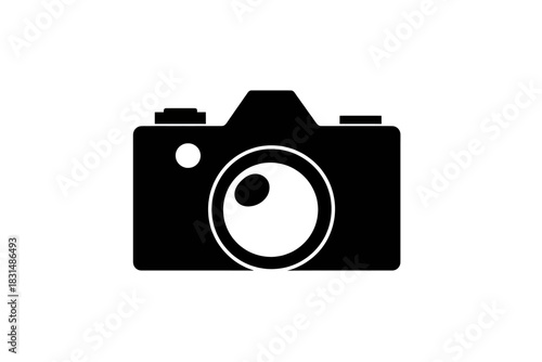 A minimalist black camera icon with a lens and flash on a stark white background