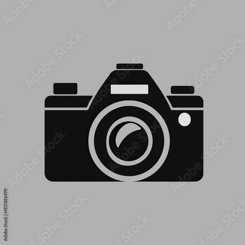 Stylized black camera icon with gray details on a solid gray background