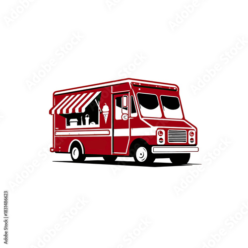Vector illustration of a vibrant red and white ice cream truck with an awning