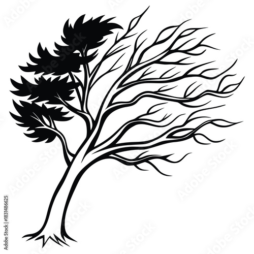 A black silhouette of a windy tree vector