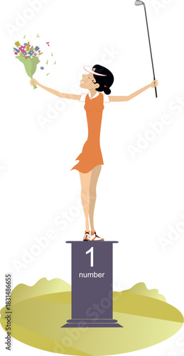 Golfer woman standing on the podium of the winner