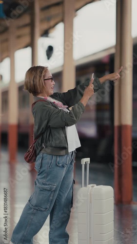 A mature woman with a suitcase travels joyfully at a train station