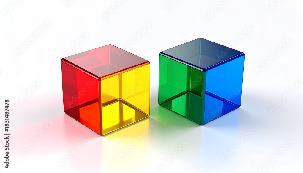 Fototapeta premium Two colorful, transparent cubes on a bright white background