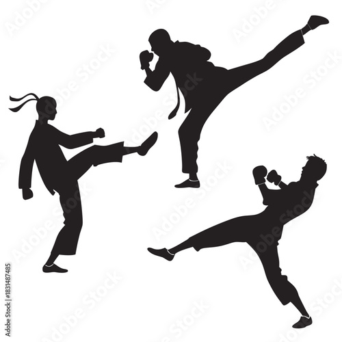 Three martial artists in silhouette performing kicks