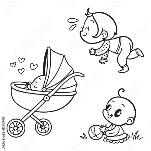 Three playful baby characters and a stroller crawling