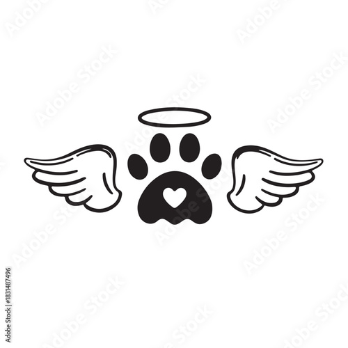 Angel paw print with wings and halo commemorating beloved pet loss