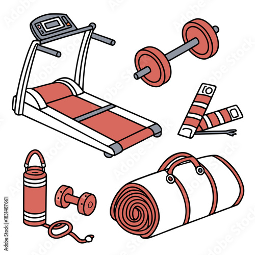 Treadmill punching bag dumbbells yoga mat gym bag vector