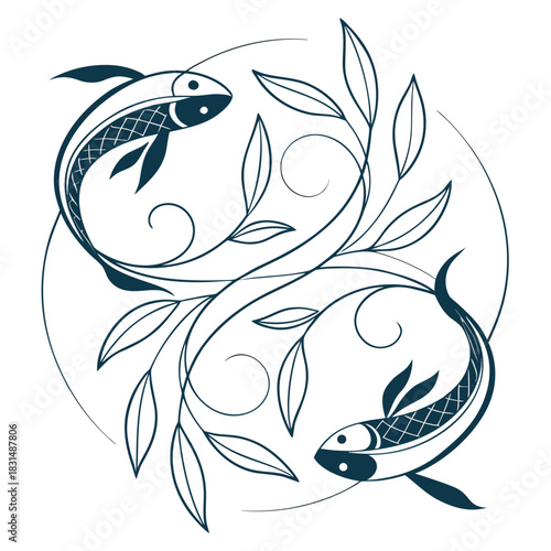 Two koi fish and swirling leaves in a circle carp aquatic
