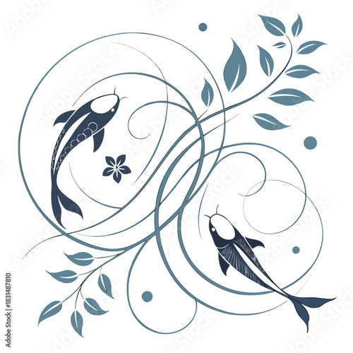 Two koi fish and floral elements on white background