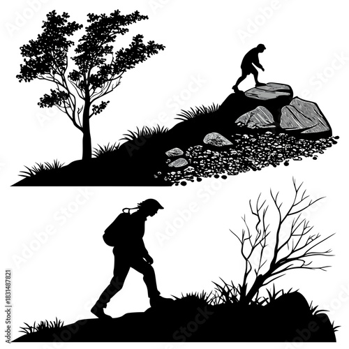 Two hikers on rocky terrain with trees and grass silhouettes