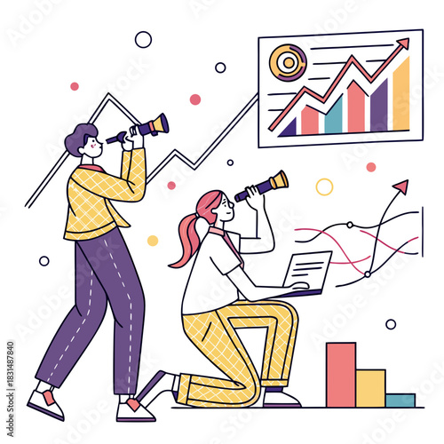 Two people with telescopes looking at charts and graphs