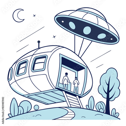 Two people stand in a futuristic pod house with a flying saucer above