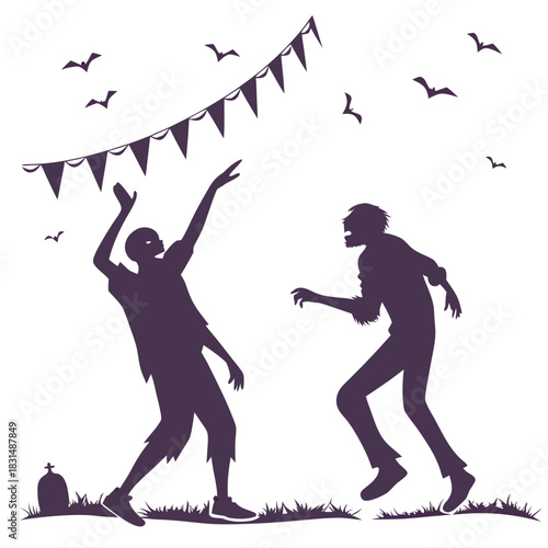 Two purple zombie silhouettes dancing under bunting and bats