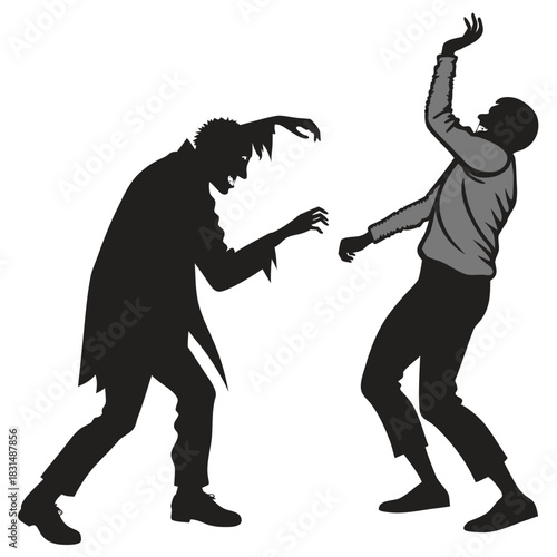 Two silhouetted figures dancing with exaggerated movements