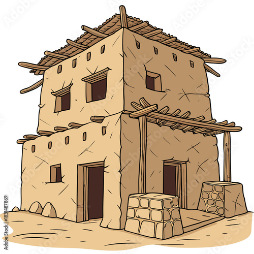 Two story ancient adobe house with thatched roof building