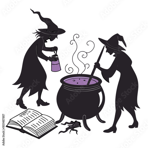 Two witches brewing potion in cauldron with spellbook
