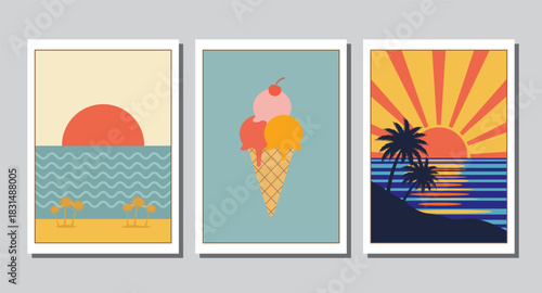 Retro vintage poster abstract geometric with summer style, graphic lines, modern shapes, colorful pattern, and vibrant compositions, minimalist typography. Vector Illustration.