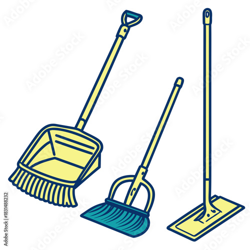 Yellow and blue cleaning tools dustpan broom mop vector