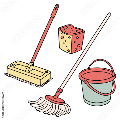 Yellow mop red bucket and sponge vector cleaning tools
