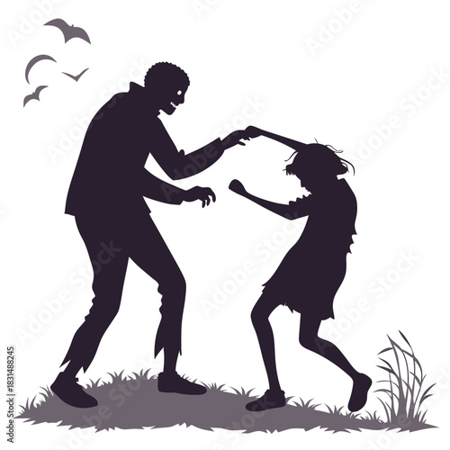 Zombie and child silhouette dancing on grass with bats