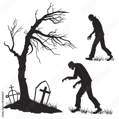 Zombie silhouettes walking in a graveyard with a bare tree