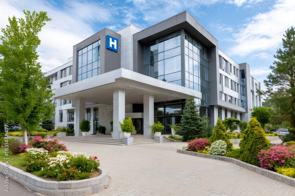 Fototapeta premium Modern hospital building exterior with large H sign