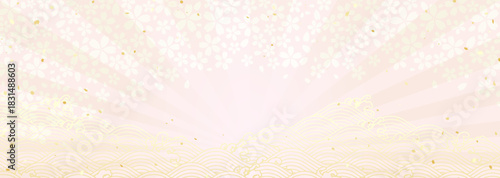 波と光線と桜の花柄、花びらの背景イラスト	