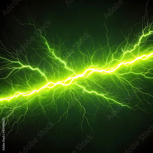 Intense Green Lightning Bolt Streaking Across Dark Background thunderbolt electricity