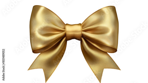 Golden ribbon bow featuring shiny metallic loops and elegant tied shape for gifting, decoration, celebration, and festive wrapping isolated on white background