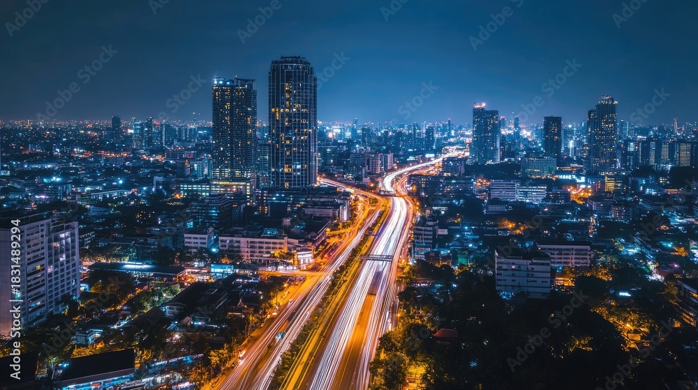 Fototapeta premium Cityscape at night, streaking highway lights, tall buildings