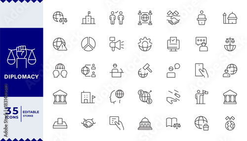 Diplomacy linear icon set. Political dialogue, law, politics, peace, alliance, foreign policy, government, summit, international relations, diplomatic, debate, vector icon set. UI thin line icon pack