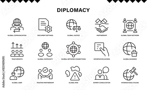 Strategic Global Diplomacy icon collection featuring dynamic international relations symbols for communication and cooperation