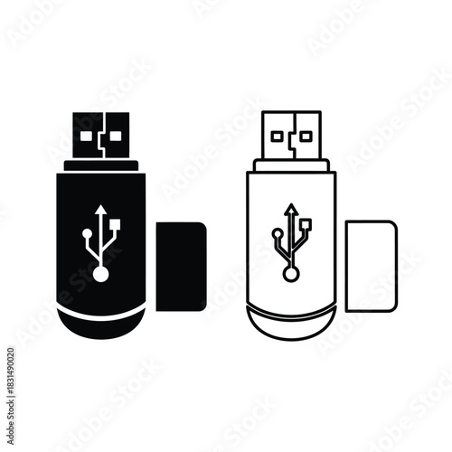 Universal serial bus flash drive icon set, solid black fill and outline versions, digital data storage and transfer symbol.