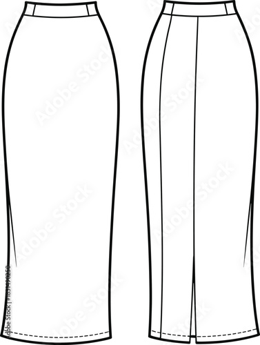 Women’s pencil skirt, high waist, back slit, fitted design, midi length, classic style, fashion CAD drawing, flat vector illustration