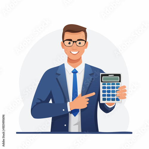 Cheerful Businessman in Formal Suit Pointing at Calculator - Financial Planning Vector Illustration
