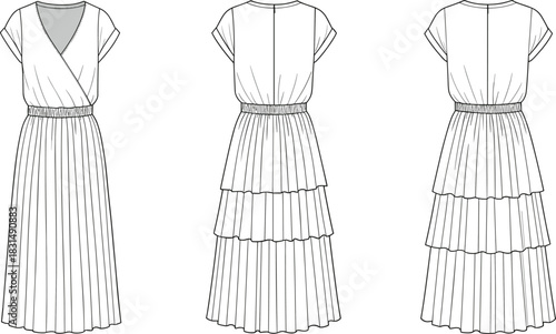 Women’s pleated maxi dress flat sketch, wrap front bodice, elastic waistband, tiered skirt design, vector CAD fashion technical drawing