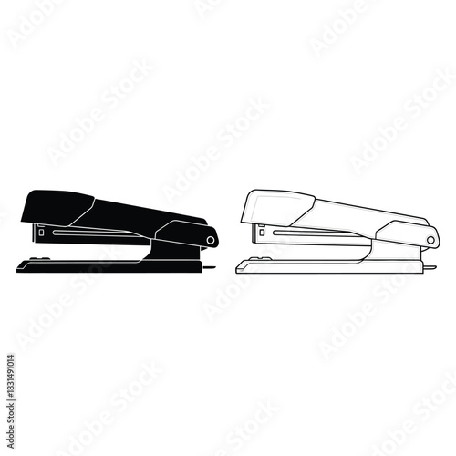 Stapler office tool silhouette icon and outline drawing for stationery, document fastening, school supplies and binding
