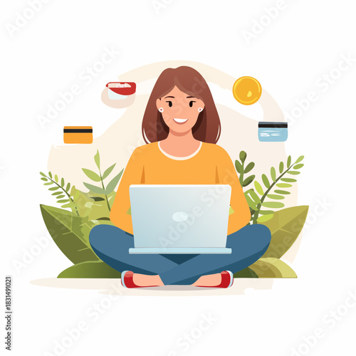 Vector illustration concept of a woman shopping online for cosmetics with a laptop