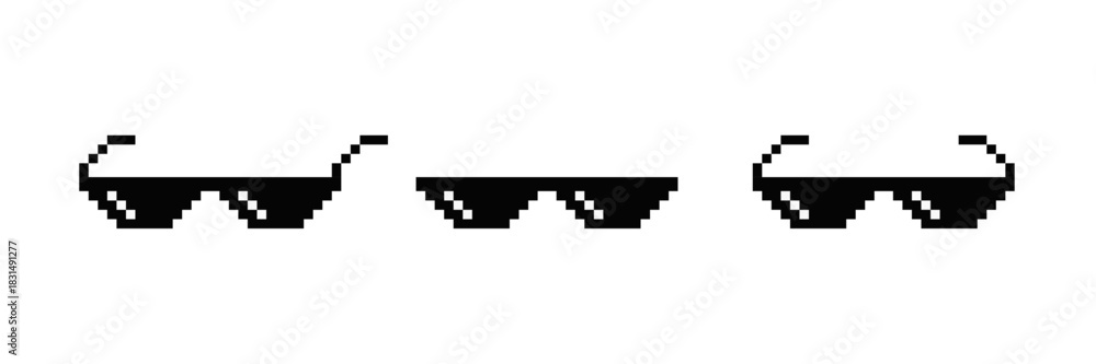 Fototapeta premium Pixel art shades glasses icon set with bold block style isolated on white background. Ideal for meme designs, retro graphics, gaming assets, digital art, and fun creative projects.