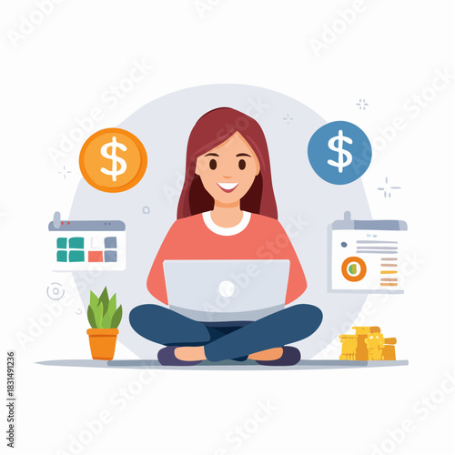 Young woman working on laptop with financial icons vector illustration