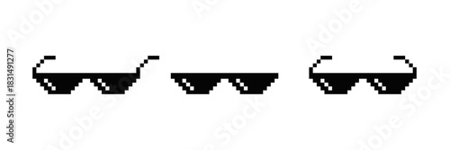 Pixel art shades glasses icon set with bold block style isolated on white background. Ideal for meme designs, retro graphics, gaming assets, digital art, and fun creative projects.