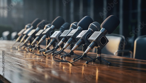 Multiple microphones wooden table conference anticipation, media event setup, press briefing or public statement, professional and modern communication environment.