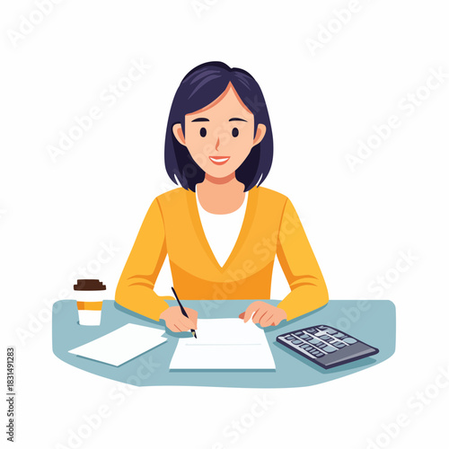 Vector illustration of a woman working at a desk, writing and using a calculator