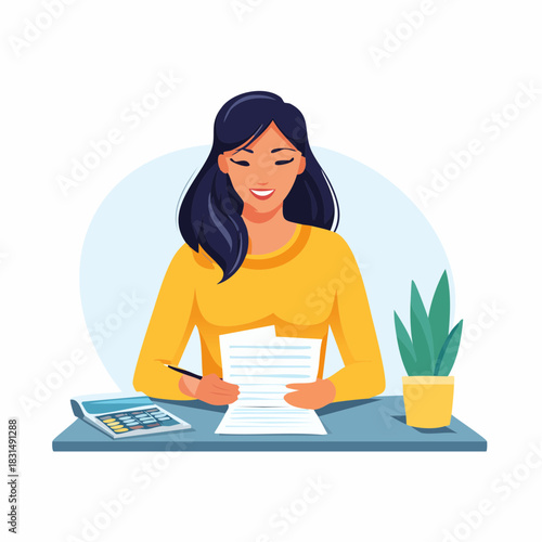 A smiling woman works on financial documents at her desk, a business management concept vector
