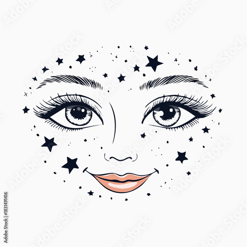 Whimsical hand-drawn illustration of a smiling woman's face with celestial star makeup. A dreamy beauty and cosmetic concept vector
