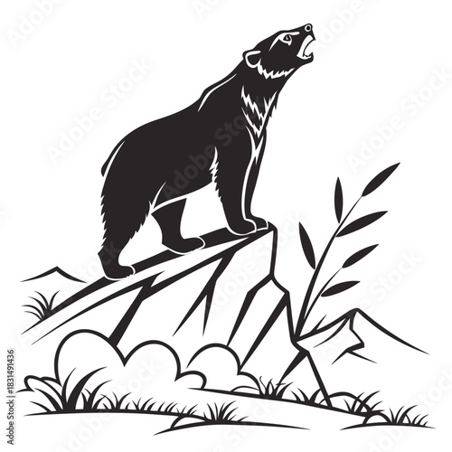 Black silhouette bear howling on rocky outcrop animal