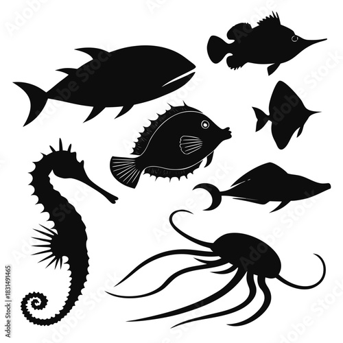 Black silhouette collection of marine life fish seahorse