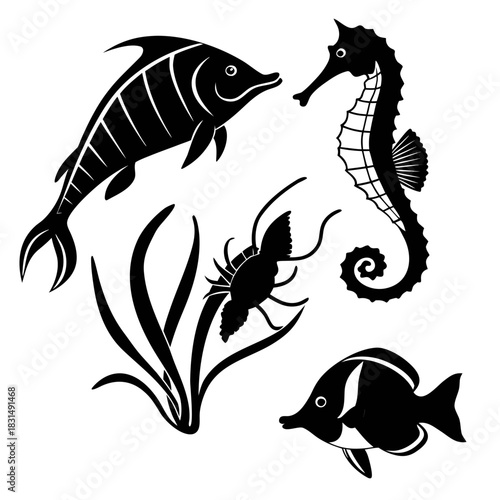Black silhouette marine life set on white background