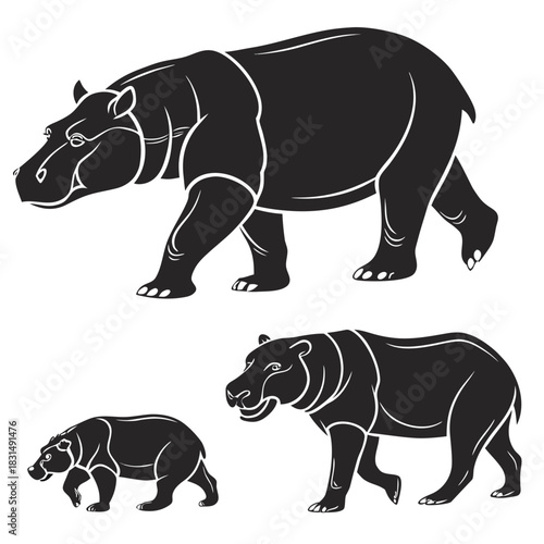 Black silhouette hippos and bear walking hippopotamus